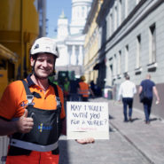 German construction worker near the Cathedral of Helsinki