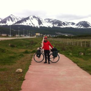 Me in front of the snowy mountains of Tierra del Fuego